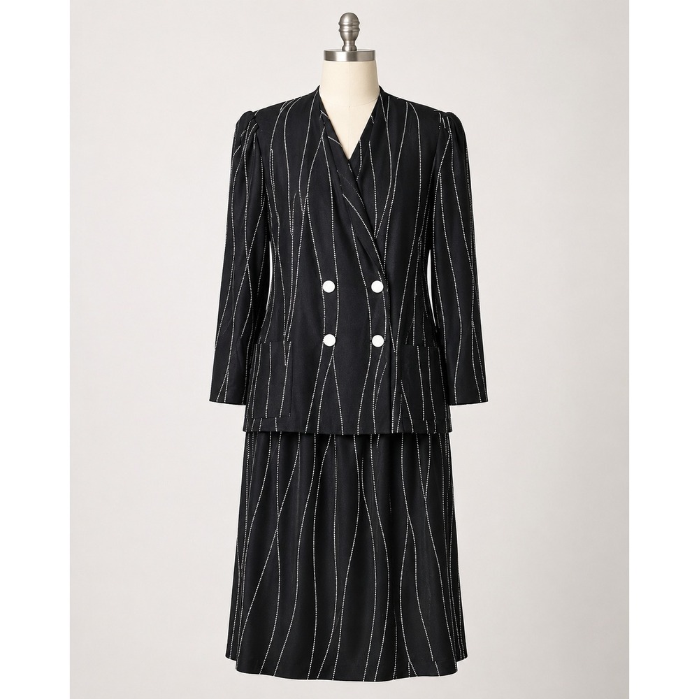 Vintage 80s Just D Lucky Womens 14 Skirt Suit Black White Power Blazer Made USA.